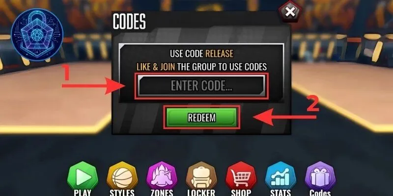 Thao tác nhập code Basketball Zero 